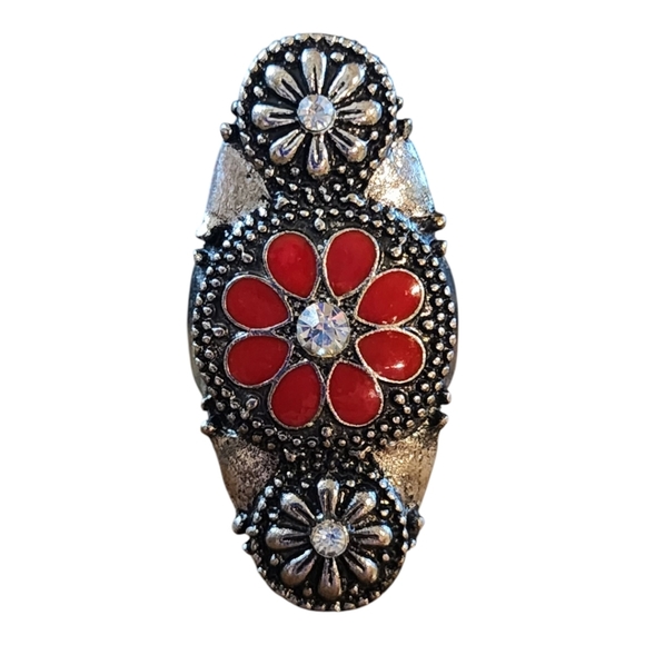 Vintage Boho Floral Statement Ring Red Crystal Silver Tone Adjustable Band - Picture 1 of 7